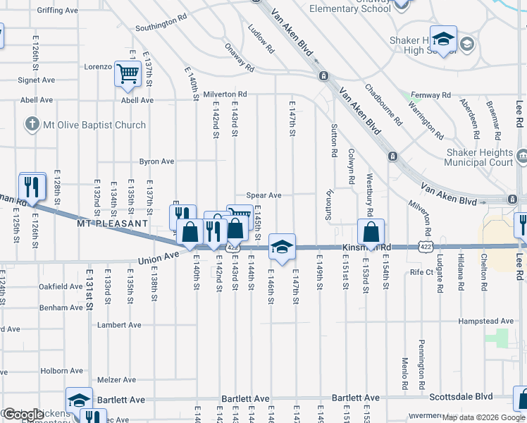map of restaurants, bars, coffee shops, grocery stores, and more near 3435 E 145th St in Cleveland