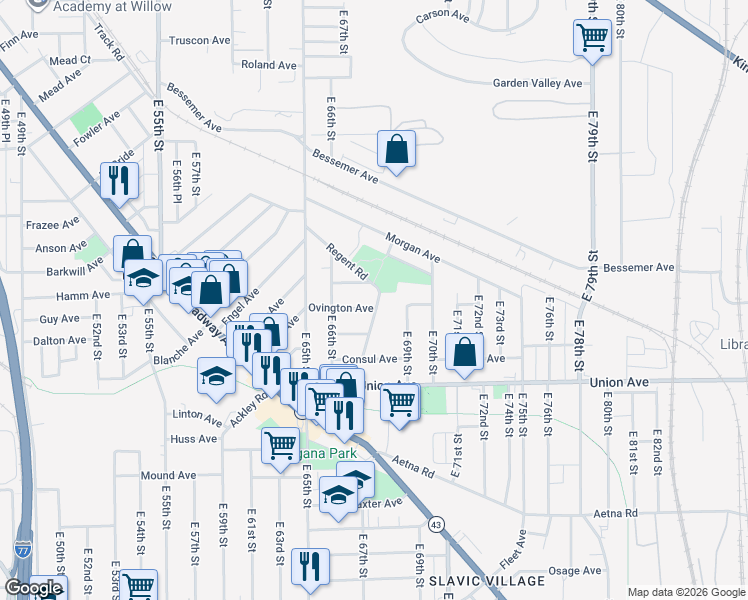 map of restaurants, bars, coffee shops, grocery stores, and more near 3386 Regent Road in Cleveland