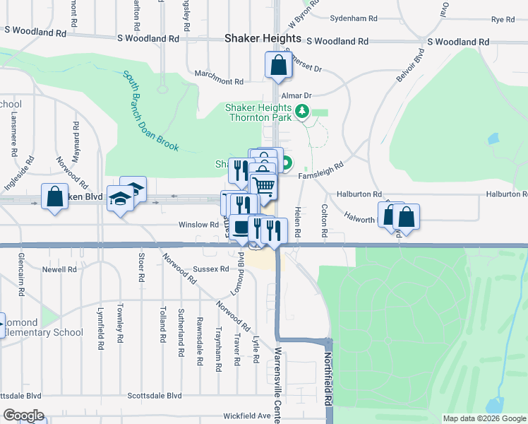 map of restaurants, bars, coffee shops, grocery stores, and more near 3449 Tuttle Road in Shaker Heights
