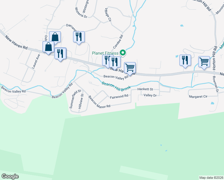 map of restaurants, bars, coffee shops, grocery stores, and more near 84 Beacon Manor Circle in Naugatuck