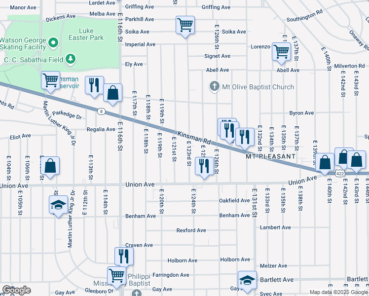 map of restaurants, bars, coffee shops, grocery stores, and more near 3406 East 123rd Street in Cleveland