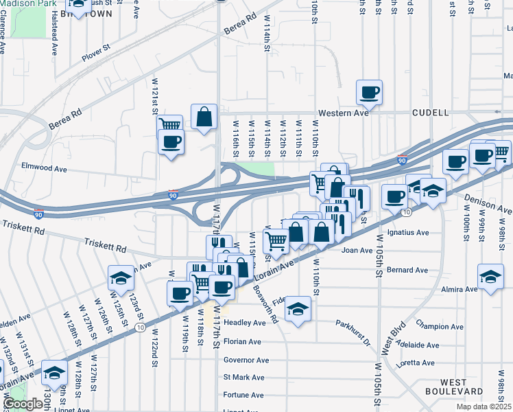 map of restaurants, bars, coffee shops, grocery stores, and more near 3171 W 115th St in Cleveland