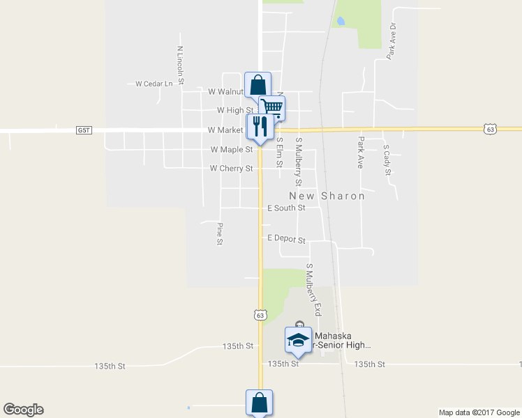 map of restaurants, bars, coffee shops, grocery stores, and more near 500 US Highway 63 in New Sharon