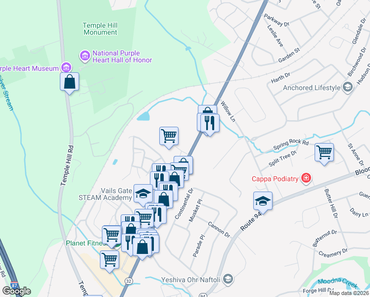 map of restaurants, bars, coffee shops, grocery stores, and more near 300 Windsor Highway in New Windsor