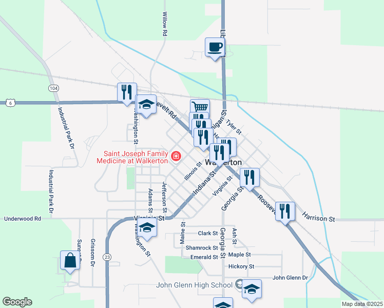 map of restaurants, bars, coffee shops, grocery stores, and more near 413 Michigan Street in Walkerton