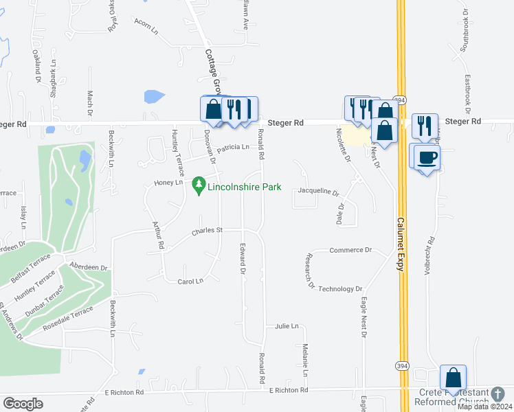 map of restaurants, bars, coffee shops, grocery stores, and more near 3518 Ronald Road in Crete