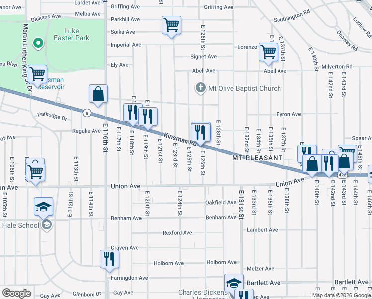 map of restaurants, bars, coffee shops, grocery stores, and more near 12502 Kinsman Road in Cleveland
