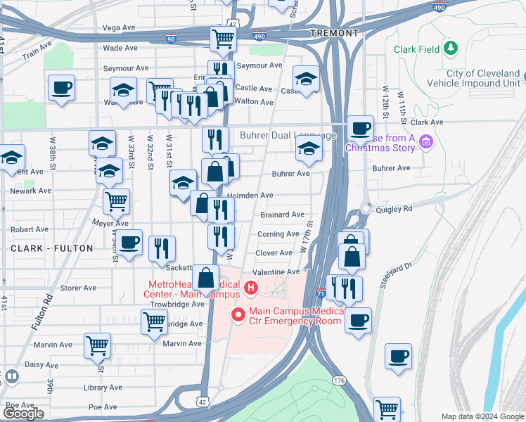 map of restaurants, bars, coffee shops, grocery stores, and more near 2116 Brainard Avenue in Cleveland