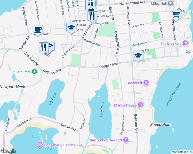 map of restaurants, bars, coffee shops, grocery stores, and more near 30 McCormick Road in Newport