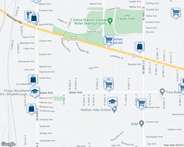 map of restaurants, bars, coffee shops, grocery stores, and more near 3418 East 105th Street in Cleveland