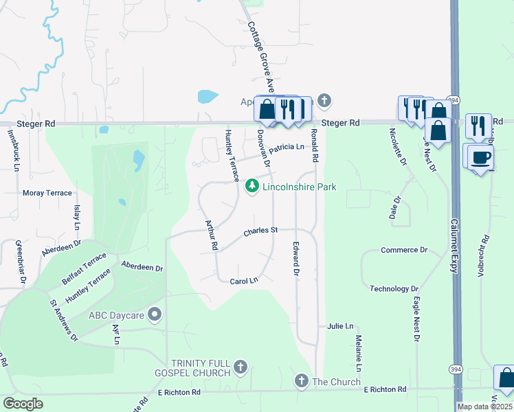map of restaurants, bars, coffee shops, grocery stores, and more near 25 Charles Court in Crete