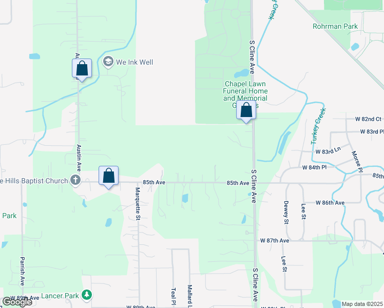 map of restaurants, bars, coffee shops, grocery stores, and more near 8320 85th Avenue in Schererville