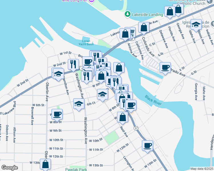 map of restaurants, bars, coffee shops, grocery stores, and more near 544 Broadway Avenue in Lorain