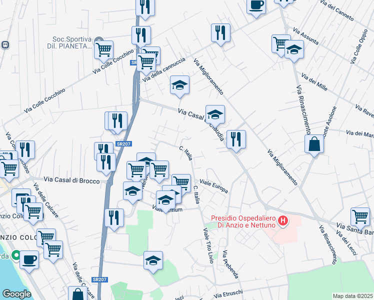 map of restaurants, bars, coffee shops, grocery stores, and more near 145B Corso Italia in Anzio