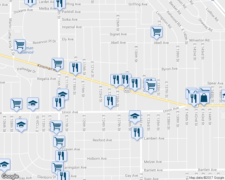 map of restaurants, bars, coffee shops, grocery stores, and more near 12502 Kinsman Road in Cleveland