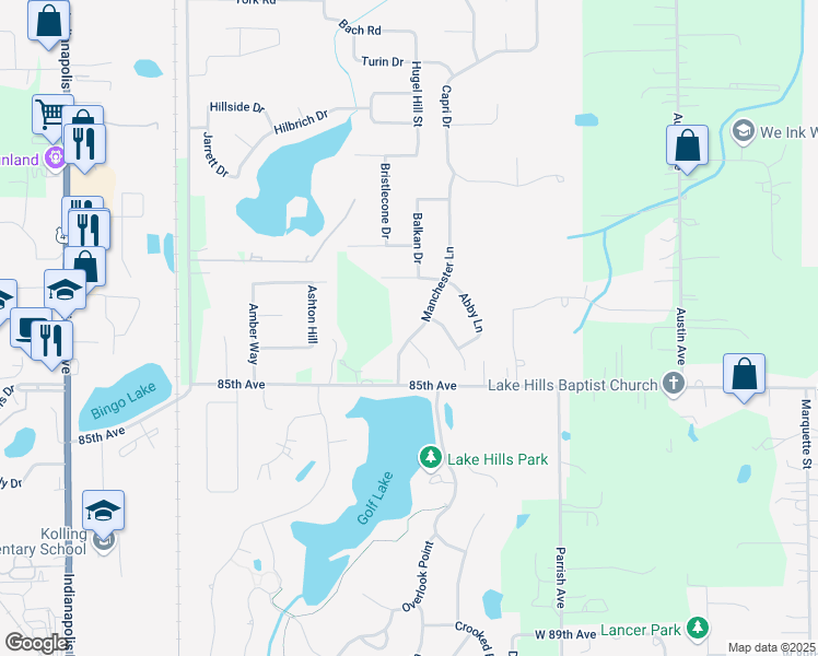 map of restaurants, bars, coffee shops, grocery stores, and more near 3118 Manchester Ln in Schererville