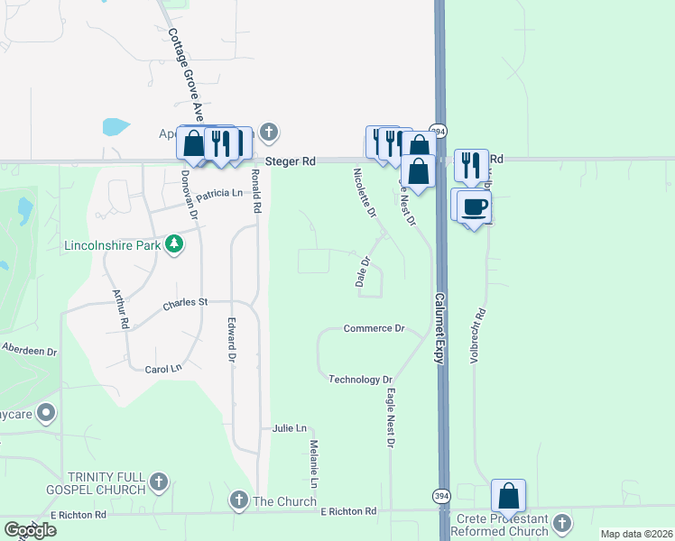 map of restaurants, bars, coffee shops, grocery stores, and more near 3513 Lyle Lane in Crete
