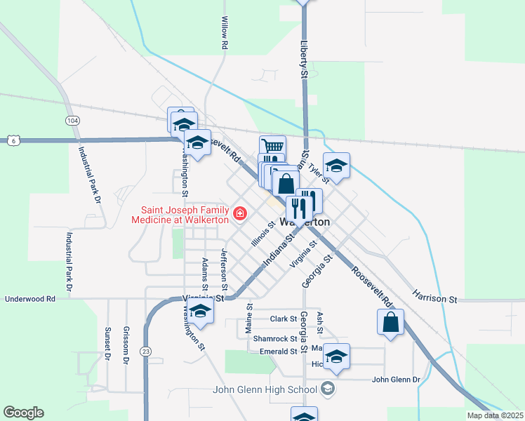 map of restaurants, bars, coffee shops, grocery stores, and more near 413 Michigan Street in Walkerton