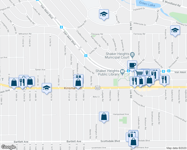 map of restaurants, bars, coffee shops, grocery stores, and more near 3430 Milverton Road in Shaker Heights