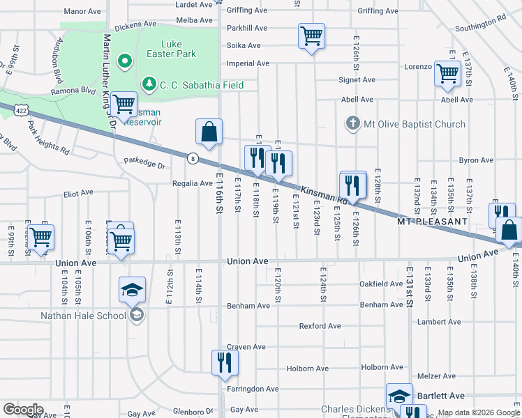 map of restaurants, bars, coffee shops, grocery stores, and more near 3406 East 119th Street in Cleveland