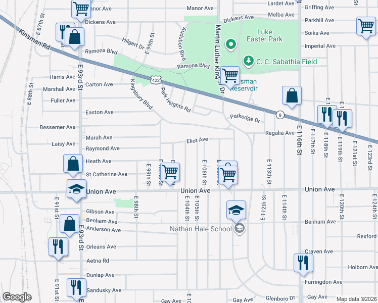 map of restaurants, bars, coffee shops, grocery stores, and more near 3418 East 105th Street in Cleveland