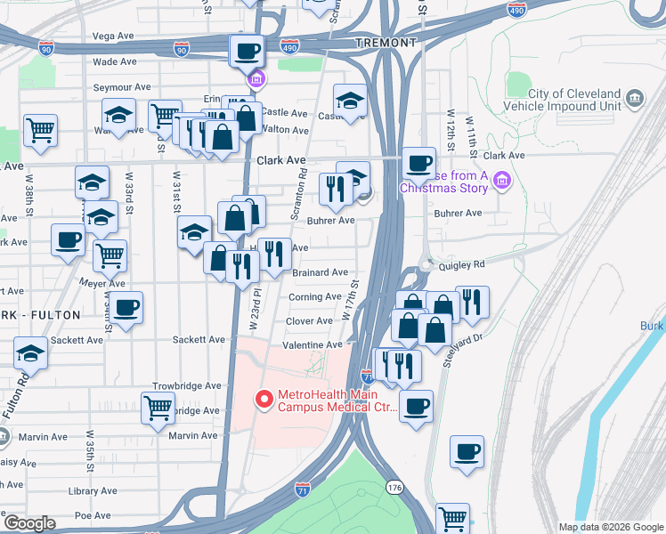 map of restaurants, bars, coffee shops, grocery stores, and more near 1910 Brainard Avenue in Cleveland
