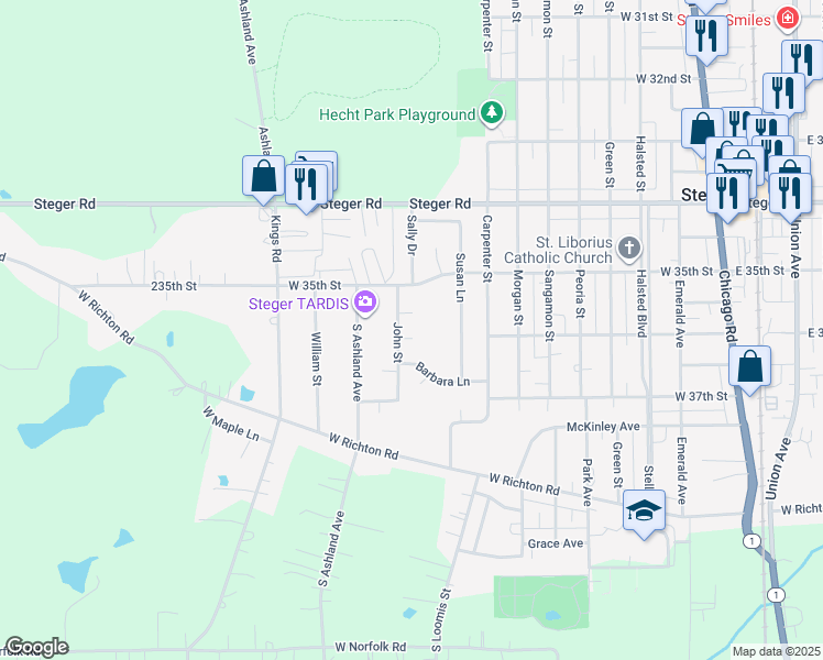 map of restaurants, bars, coffee shops, grocery stores, and more near 223 Christine Ct in Steger