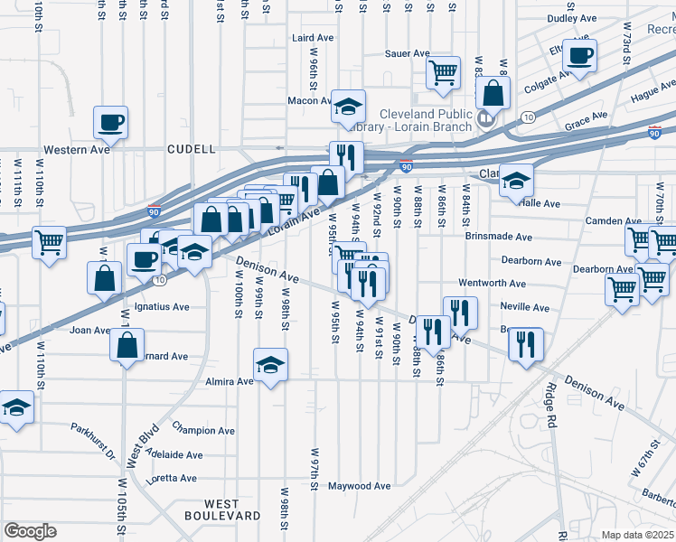 map of restaurants, bars, coffee shops, grocery stores, and more near 3219 West 95th Street in Cleveland