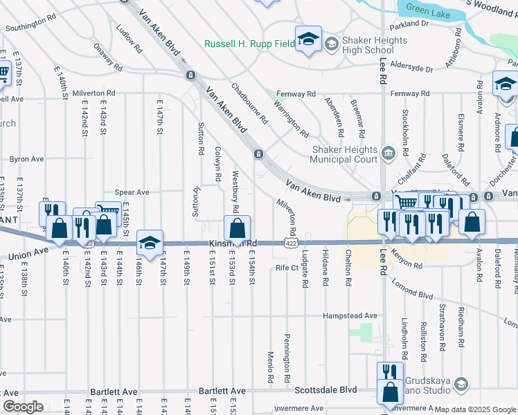 map of restaurants, bars, coffee shops, grocery stores, and more near 3435 Ashby Road in Shaker Heights