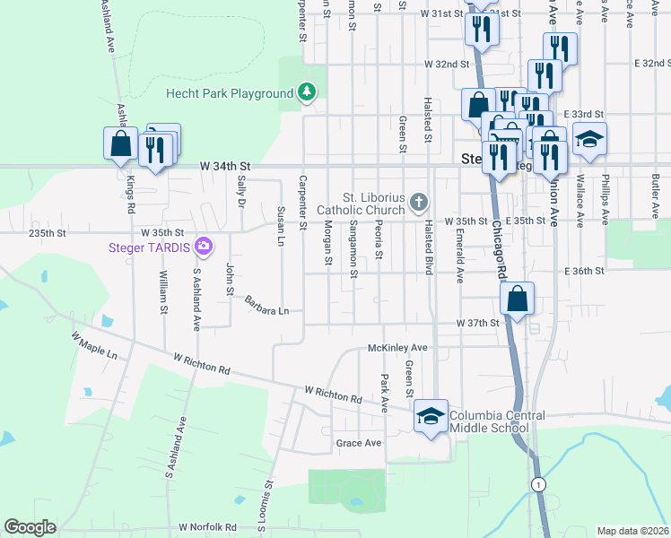 map of restaurants, bars, coffee shops, grocery stores, and more near 3547 Morgan Street in Steger