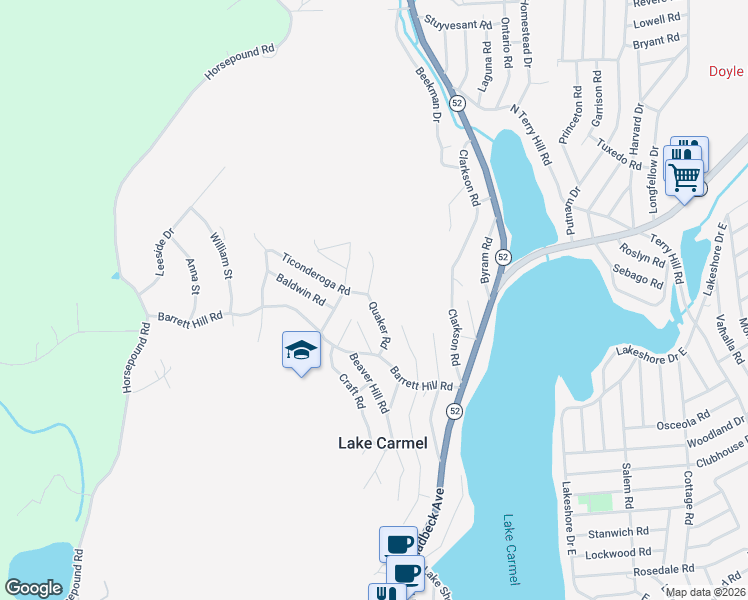 map of restaurants, bars, coffee shops, grocery stores, and more near 28 Quaker Road in Carmel Hamlet