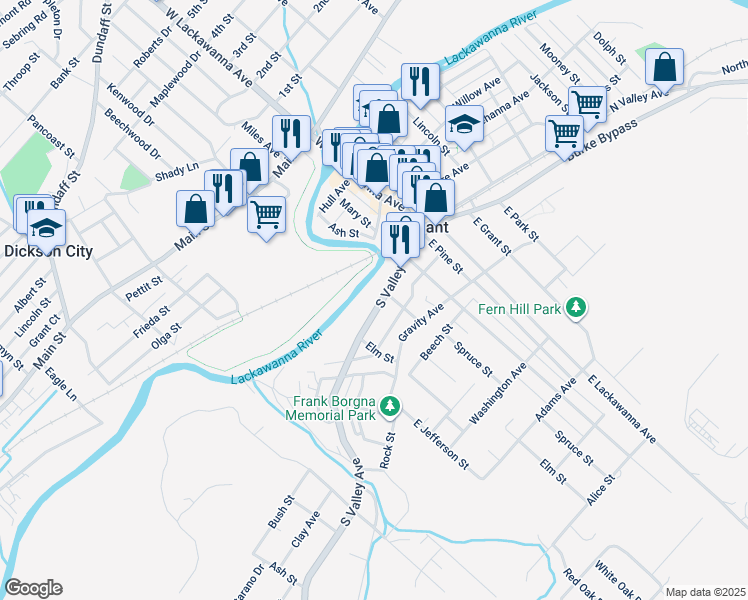 map of restaurants, bars, coffee shops, grocery stores, and more near 206 South Valley Avenue in Olyphant