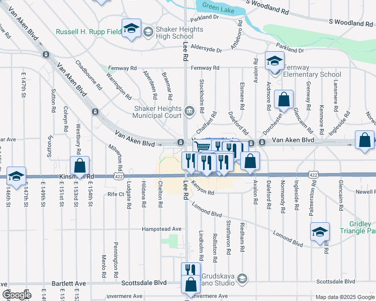 map of restaurants, bars, coffee shops, grocery stores, and more near 3435 Lee Road in Shaker Heights