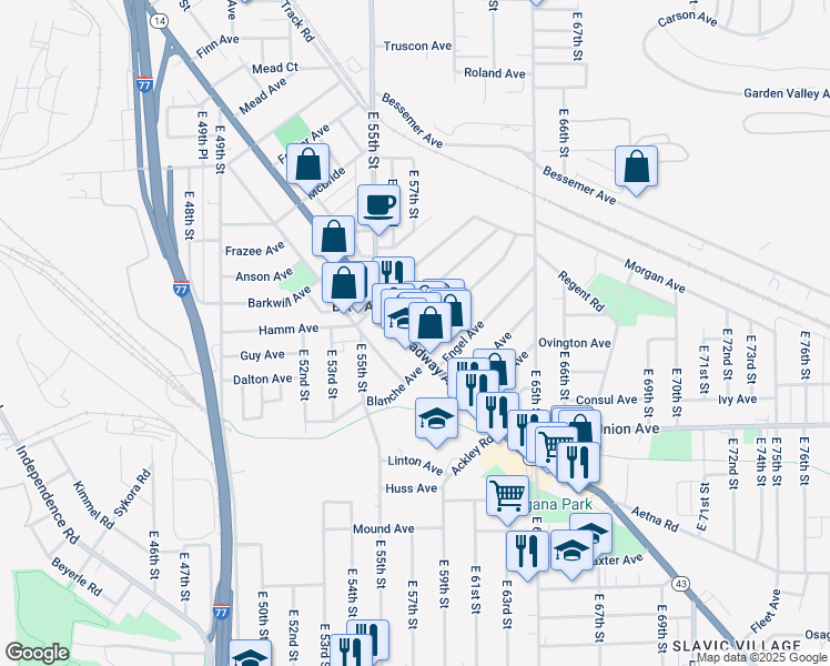 map of restaurants, bars, coffee shops, grocery stores, and more near 5739 Broadway Avenue in Cleveland