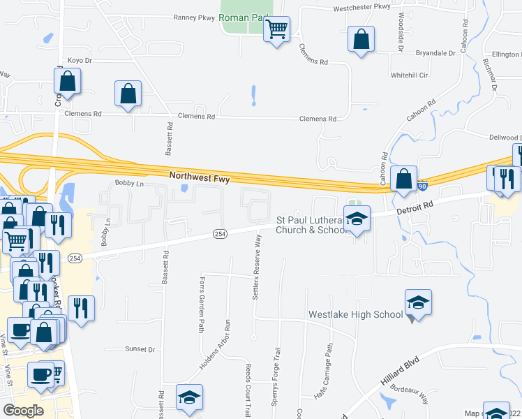 map of restaurants, bars, coffee shops, grocery stores, and more near 28600 Detroit Road in Westlake