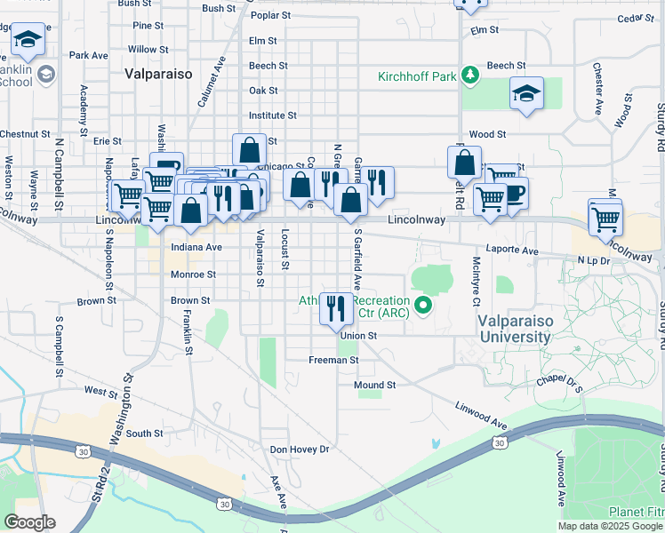 map of restaurants, bars, coffee shops, grocery stores, and more near 158-198 South Greenwich Street in Valparaiso