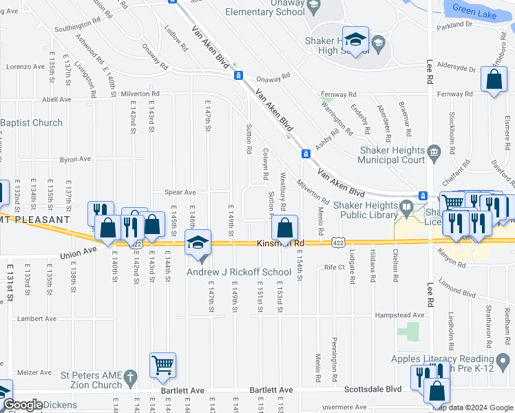 map of restaurants, bars, coffee shops, grocery stores, and more near 24 Sutton Place in Shaker Heights