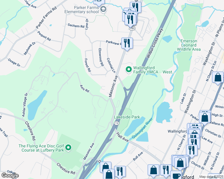 map of restaurants, bars, coffee shops, grocery stores, and more near 80 Masonic Avenue in Wallingford