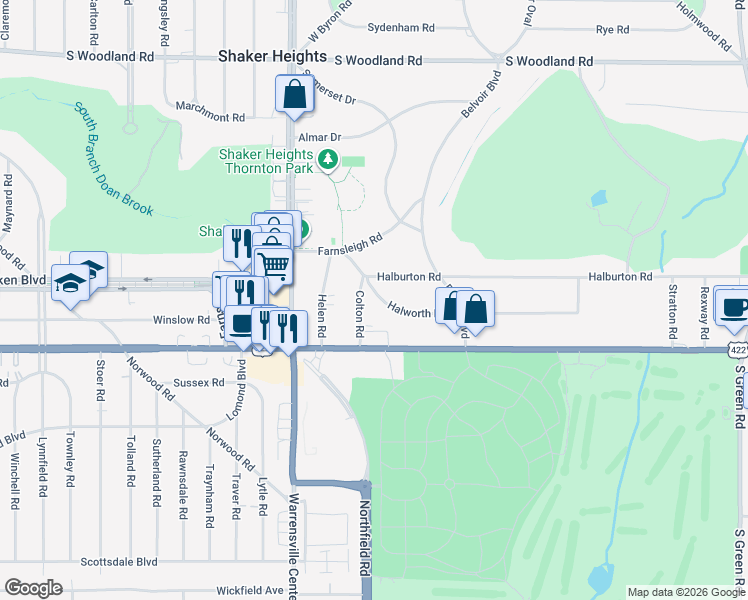 map of restaurants, bars, coffee shops, grocery stores, and more near 20950 Halworth Road in Shaker Heights