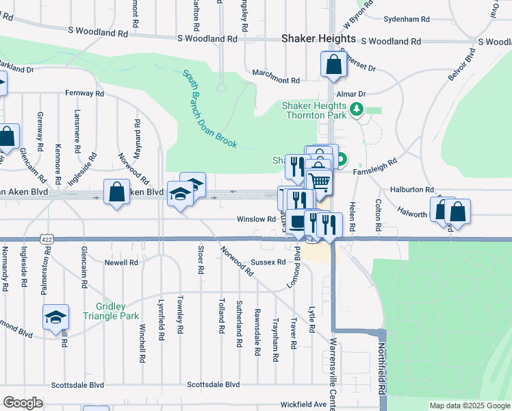 map of restaurants, bars, coffee shops, grocery stores, and more near 19806 Van Aken Boulevard in Shaker Heights