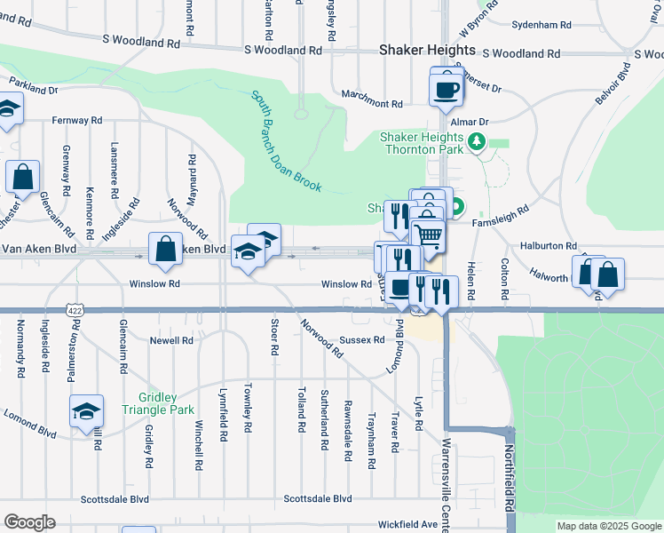 map of restaurants, bars, coffee shops, grocery stores, and more near 19806 Van Aken Boulevard in Shaker Heights
