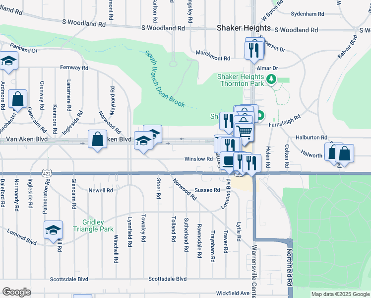 map of restaurants, bars, coffee shops, grocery stores, and more near 19806 Van Aken Boulevard in Shaker Heights