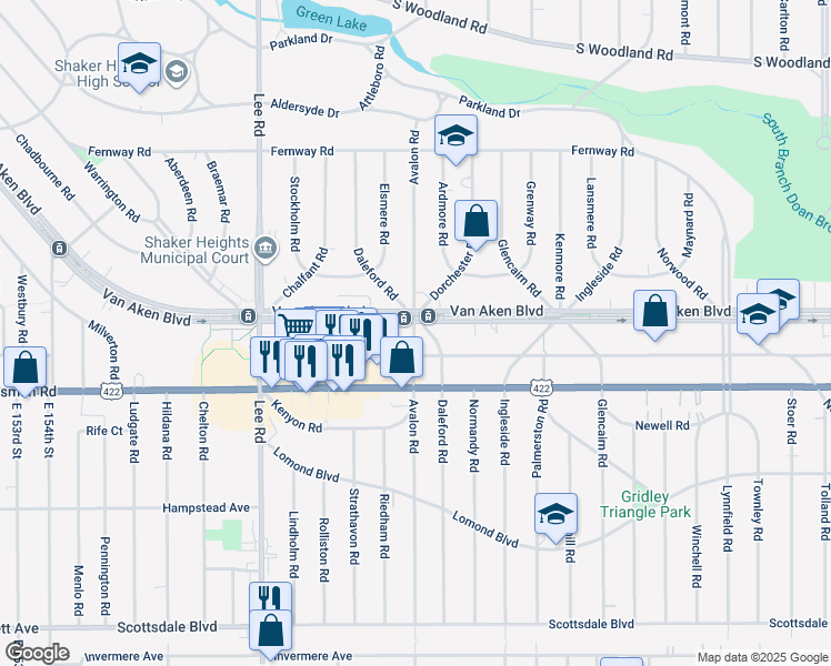 map of restaurants, bars, coffee shops, grocery stores, and more near 3440 Avalon Road in Shaker Heights