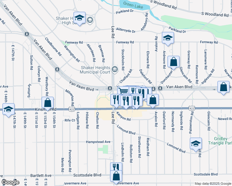 map of restaurants, bars, coffee shops, grocery stores, and more near 16650 Van Aken Boulevard in Shaker Heights