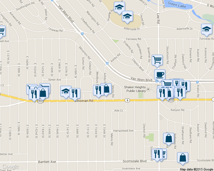 map of restaurants, bars, coffee shops, grocery stores, and more near 3435 Ashby Road in Shaker Heights