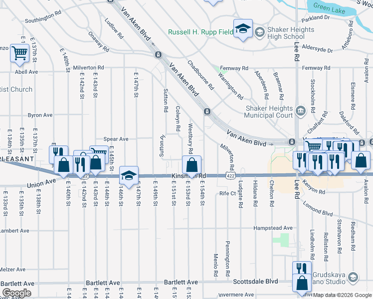 map of restaurants, bars, coffee shops, grocery stores, and more near 3440 Westbury Road in Shaker Heights