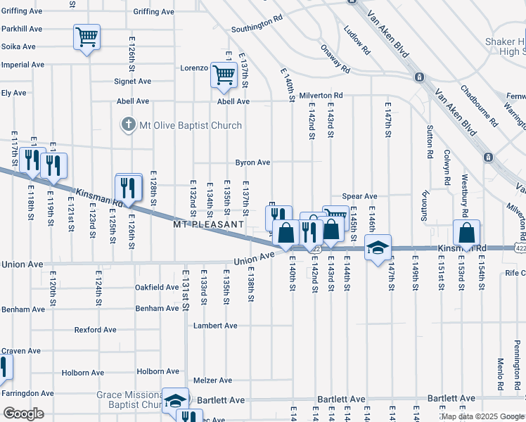 map of restaurants, bars, coffee shops, grocery stores, and more near 3420 East 139th Street in Cleveland
