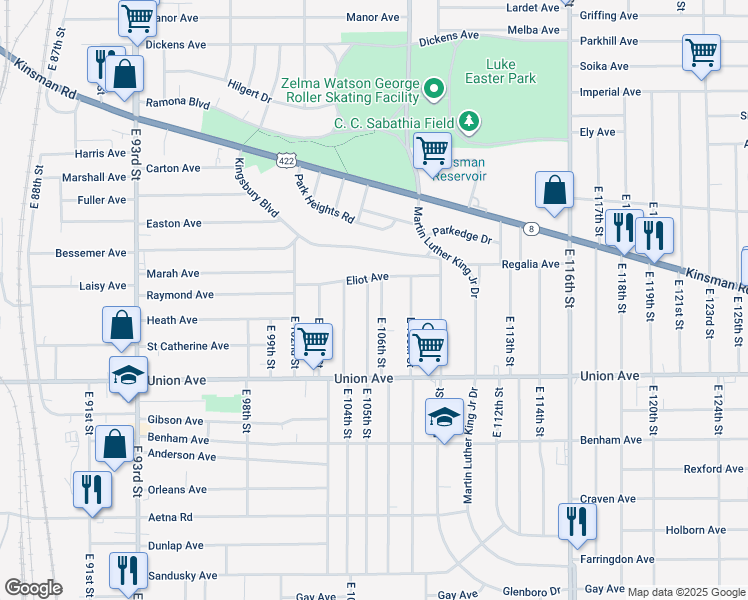 map of restaurants, bars, coffee shops, grocery stores, and more near 3418 East 105th Street in Cleveland