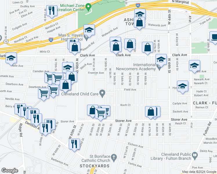 map of restaurants, bars, coffee shops, grocery stores, and more near 3228 West 58th Street in Cleveland