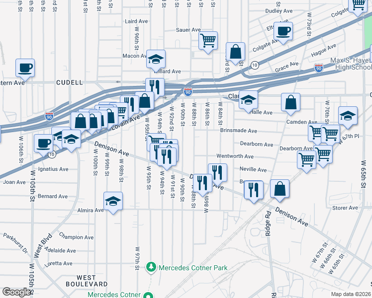 map of restaurants, bars, coffee shops, grocery stores, and more near 3221 West 90th Street in Cleveland